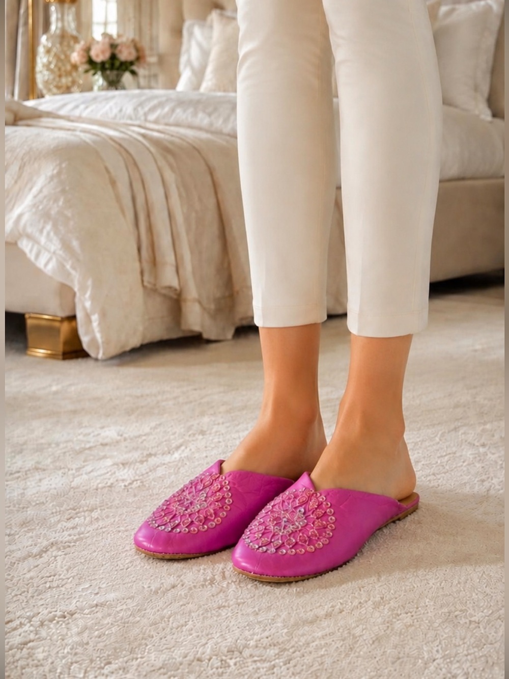 Chic Pink Embellished Women's leather Slippers❤️S